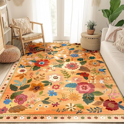 Pmnadfdag Teppich Wohnzimmer 200 x 300 cm Große Esszimmer Schlafzimmer Teppich Waschbar,für Büro Schlafzimmer Bettvorleger Retro Ethno-Stil Große Blumen Orange Pmnadfdag Teppich Wohnzimmer 200 x 300 cm Große Esszimmer Schlafzimmer Teppich Waschbar,für Büro Schlafzimmer Bettvorleger Retro Ethno-Stil Große Blumen Orange von Pmnadfdag