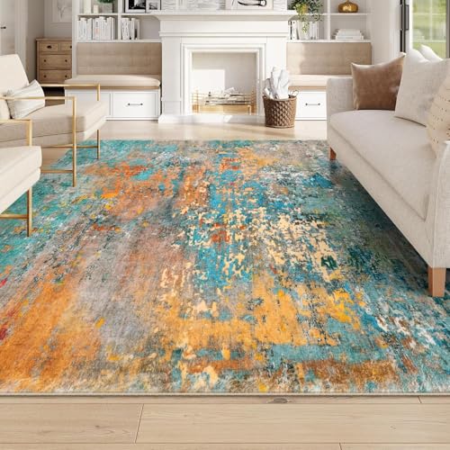 Pmnadfdag Teppich Wohnzimmer 80 x 120 cm Teppich Kurzflor Waschbar für Flur küche Wohnzimmer Schlafzimmer Büro Moderne abstrakte Tinte blau gelb von Pmnadfdag