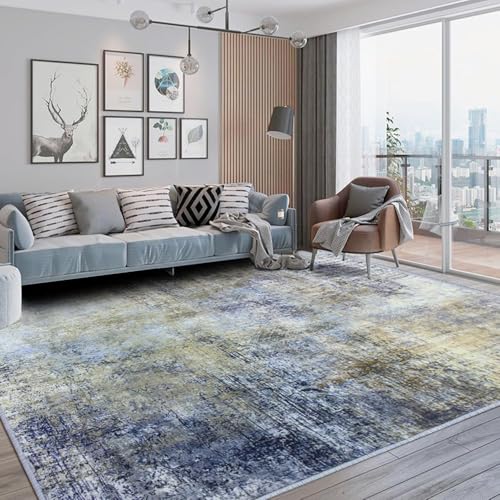 Pmnadfdag Teppich Wohnzimmer Große 160 x 200 cm Teppich Waschbarer Kurzflor rutschfest Weich für Schlafzimmer Küche Arbeitszimmer Moderne abstrakte Tinte blau gelb von Pmnadfdag