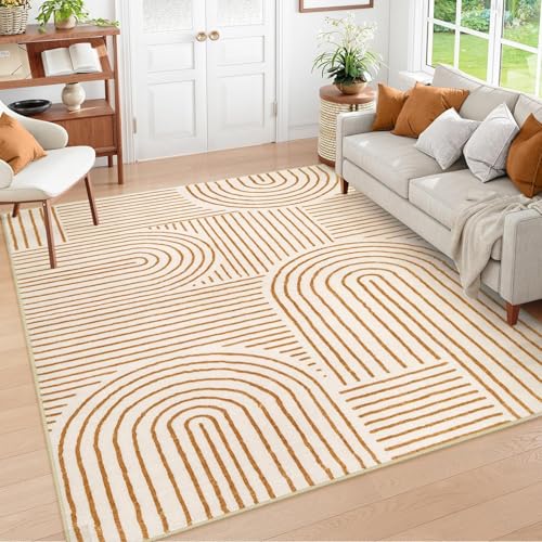 Pmnadfdag Teppich Wohnzimmer Große 200 x 290 cm Teppich Kurzflor Waschbar rutschfest für Schlafzimmer Esszimmer Moderne geometrische Linien orange beige von Pmnadfdag
