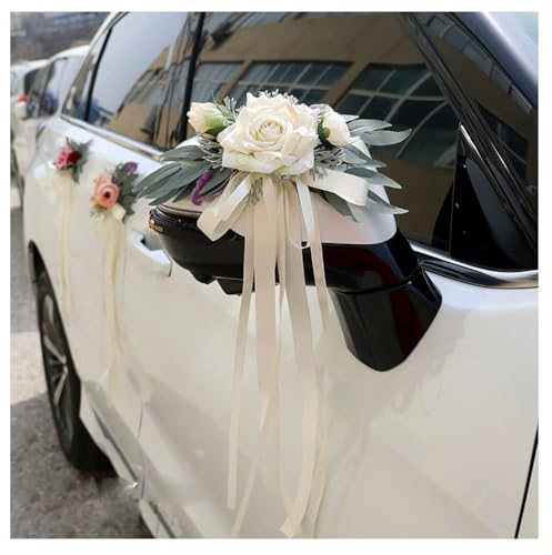 Autoschleifen Seidenblume Simulation Blume Schleife Autoschmuck Auto Car Türgriffleiste Rückspiegel Hochzeit Stuhl Zurück Dekoration Blumen für Kirche Hochzeitsauto Hochzeit Beerdigung Party Deko von Pmnzdy