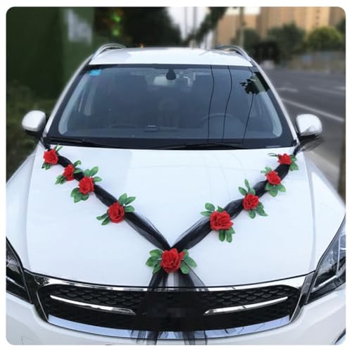 Pmnzdy Autoschmuck Hochzeit Hochzeitsfeier Auto Deko Künstliche Seidenblume mit Saugnapf Tüll Girlande Hochzeitsauto Motorhaube Deko mit 2 Tüll 1.6m & 9 Blumen & 1 Klebeband Schwarz + rote Blume von Pmnzdy