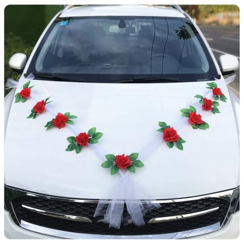 Pmnzdy Autoschmuck Hochzeit Hochzeitsfeier Auto Deko Künstliche Seidenblume mit Saugnapf Tüll Girlande Hochzeitsauto Motorhaube Deko mit 2 Tüll 1.6m & 9 Blumen & 1 Klebeband Weiß + rote Blume 2# von Pmnzdy