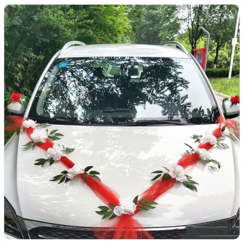 Pmnzdy Autoschmuck Hochzeit Hochzeitsfeier Auto Deko Künstliche Seidenblume mit Saugnapf Tüll Girlande Hochzeitsauto Motorhaube Deko mit 2 Tüll 1.6m & 9 Blumen & 2 Spiegelblumen Rot + weiße Blume von Pmnzdy