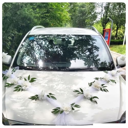 Pmnzdy Autoschmuck Hochzeit Hochzeitsfeier Auto Deko Künstliche Seidenblume mit Saugnapf Tüll Girlande Hochzeitsauto Motorhaube Deko mit 2 Tüll 1.6m & 9 Blumen & 2 Spiegelblumen Weiß + weiße Blume 1# von Pmnzdy