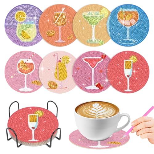 8 Stück Diamond Painting Untersetzer Set, Untersetzer Diamond Painting Bastelset Erwachsene, Cocktail Diamant Tassenuntersetzer, DIY Weinglas Untersetzer Mit Halte für AnfäNger, Erwachsene & Kinder von Pmueuff