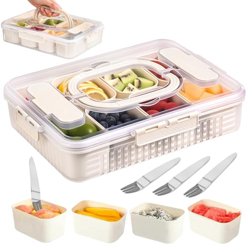 Pmueuff Snackbox mit 8 Fächern, Snackteller mit Deckel und Griff Tragbare Snack Box mit Fächern Transparente Snackbox für Party Picknick Snackdose Organizer für Snacks Süßigkeiten Nüsse Obst Gewürze von Pmueuff