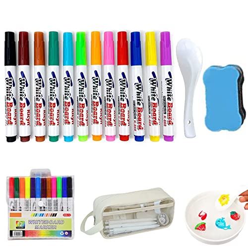 Pnedeodm Kiddies Create Magic Pen, Kiddies Create Magic Drawing Bundle, Magic Painting Pens Floating Drawings, Erasing Whiteboard Marker Penswith Spoon and Sponge Eraser (12Pcs-1Set) von Pnedeodm