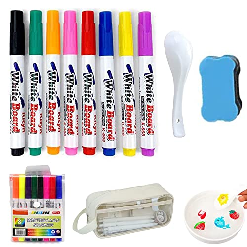 Pnedeodm Kiddies Create Magic Pen, Kiddies Create Magic Drawing Bundle, Magic Painting Pens Floating Drawings, Erasing Whiteboard Marker Penswith Spoon and Sponge Eraser (8Pcs-1Set) von Pnedeodm