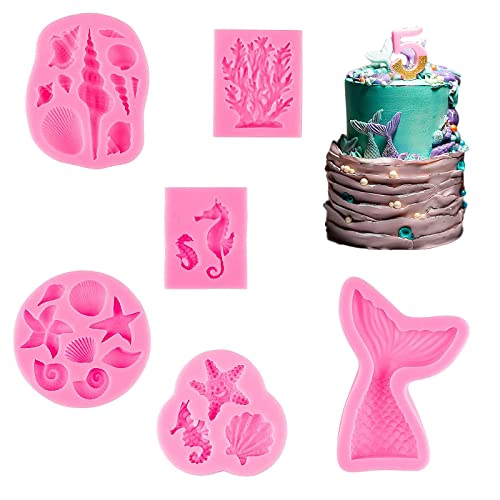 6 Stück Meerjungfrau Silikon Fondant Formen, Meerestiere Fondant Formen, Ozean Silikon Backform, 25 Kreaturenformen in 6 Verschiedenen Arten, Geburtstage, zur Herstellung von Kuchen, Brot, Mousse von PnxdeobXL