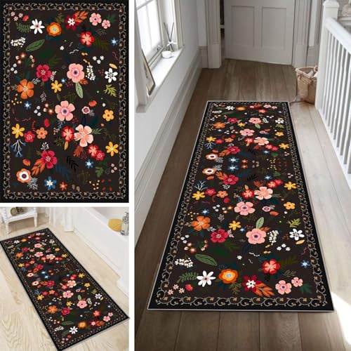 Bunt Läufer Teppich Flur Blume Lang rutschfest Waschbar Moderne Kücheläufer Teppich Läufer 120x550cm Dauerhaft Läuferteppich Flurläufer Korridor Meterware von Poaegle