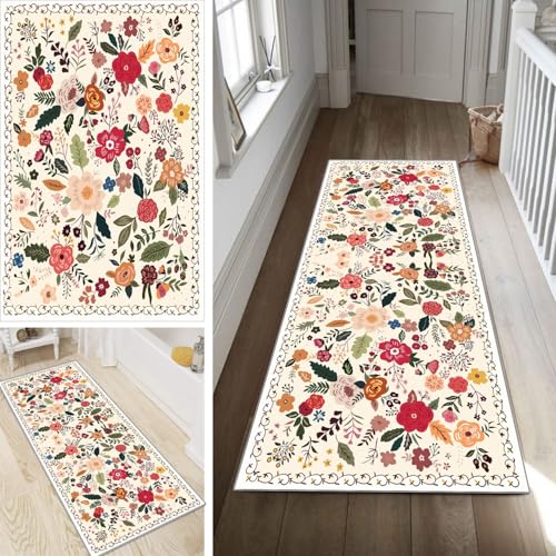 Bunt Läufer Teppich Flur Blume Lang rutschfest Waschbar Moderne Kücheläufer Teppich Läufer 120x550cm Dauerhaft Läuferteppich Flurläufer Korridor Meterware von Poaegle