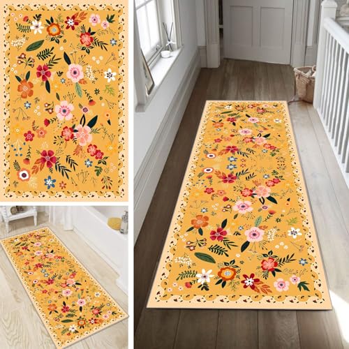 Bunt Läufer Teppich Flur Blume Lang rutschfest Waschbar Moderne Kücheläufer Teppich Läufer 120x550cm Dauerhaft Läuferteppich Flurläufer Korridor Meterware von Poaegle