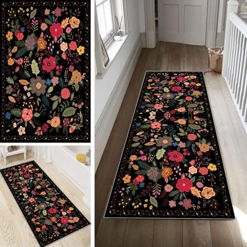 Bunt Läufer Teppich Flur Blume Lang rutschfest Waschbar Moderne Kücheläufer Teppich Läufer 120x600cm Dauerhaft Läuferteppich Flurläufer Korridor Meterware von Poaegle