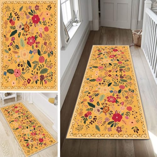 Bunt Läufer Teppich Flur Blume Lang rutschfest Waschbar Moderne Kücheläufer Teppich Läufer 40x280cm Dauerhaft Läuferteppich Flurläufer Korridor Meterware von Poaegle