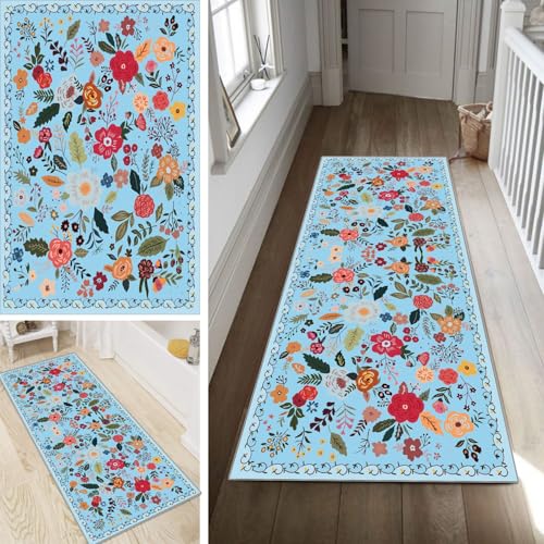 Bunt Läufer Teppich Flur Blume Lang rutschfest Waschbar Moderne Kücheläufer Teppich Läufer 70x350cm Dauerhaft Läuferteppich Flurläufer Korridor Meterware von Poaegle