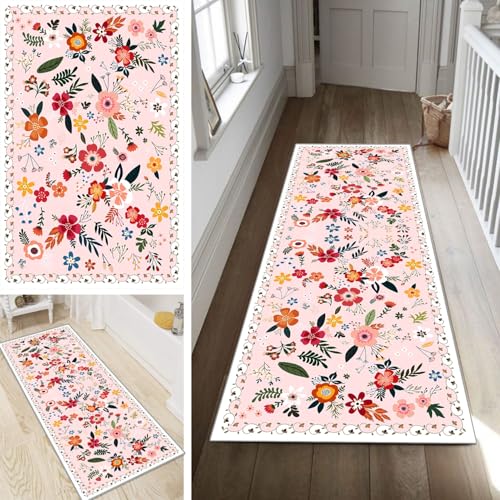 Bunt Läufer Teppich Flur Blume Lang rutschfest Waschbar Moderne Kücheläufer Teppich Läufer 90x600cm Dauerhaft Läuferteppich Flurläufer Korridor Meterware von Poaegle