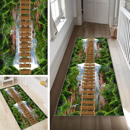 Poaegle 3D Teppich Läufer Flur Grün Lang rutschfest KücheLäufer Holzmaserung Waschbar Schlafzimmer Bunt Teppich Läufer 50x80cm Dauerhaft Läuferteppich FlurLäufer Korridor Meterware von Poaegle