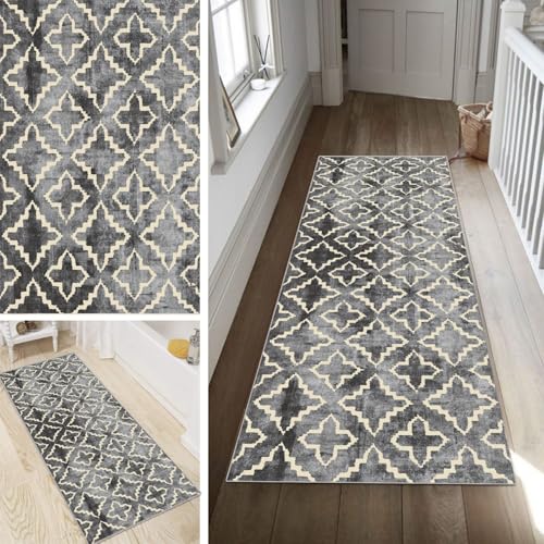 Poaegle Abstrakt Grau Teppich Läufer Flur Lang rutschfest Kücheläufer Waschbar Teppich Läufer Gestreift 110x500cm Dauerhaft Läuferteppich Flurläufer Korridor Meterware von Poaegle