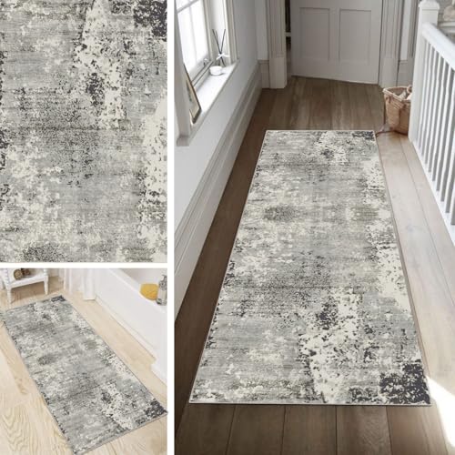 Poaegle Abstrakt Grau Teppich Läufer Flur Lang rutschfest Kücheläufer Waschbar Teppich Läufer Gestreift 80x100cm Dauerhaft Läuferteppich Flurläufer Korridor Meterware von Poaegle