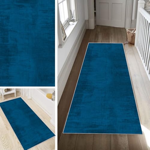 Poaegle Abstrakt Läufer Teppich Flur Blau Lang rutschfest Waschbar Vintage Kücheläufer Teppich Läufer 90x350cm Dauerhaft Läuferteppich Flurläufer Korridor Meterware von Poaegle
