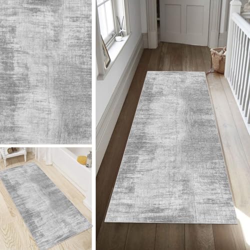 Poaegle Abstrakt Läufer Teppich Flur Grau Lang rutschfest Waschbar Vintage Kücheläufer Teppich Läufer 120x500cm Dauerhaft Läuferteppich Flurläufer Korridor Meterware von Poaegle
