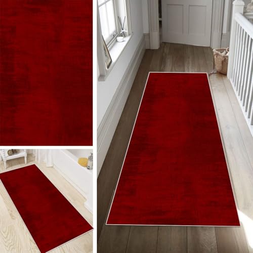 Poaegle Abstrakt Läufer Teppich Flur Rot Lang rutschfest Waschbar Vintage Kücheläufer Teppich Läufer 90x150cm Dauerhaft Läuferteppich Flurläufer Korridor Meterware von Poaegle