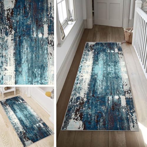 Poaegle Blau Teppich Läufer Flur Abstrakt Lang rutschfest Kücheläufer Waschbar Teppich Läufer Gestreift 60x600cm Dauerhaft Läuferteppich Flurläufer Korridor Meterware von Poaegle
