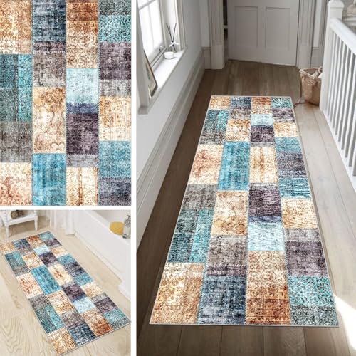 Poaegle Boho Teppich Läufer Flur Abstrakt Lang rutschfest Waschbar Vintage Kücheläufer Teppich Läufer 60x500cm Dauerhaft Läuferteppich Flurläufer Korridor Meterware von Poaegle