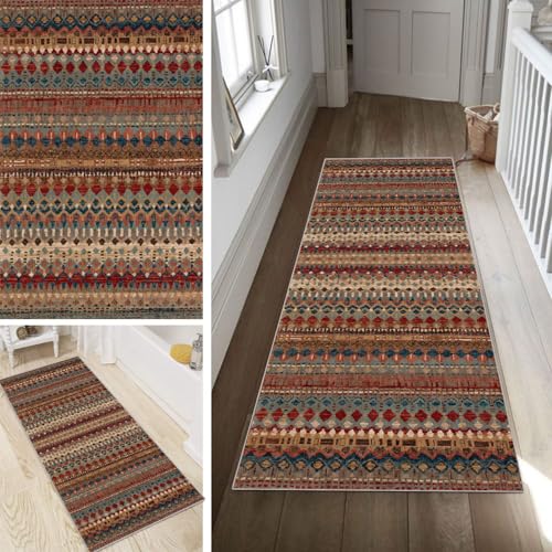 Poaegle Boho Teppich Läufer Flur Bunt Lang rutschfest Kücheläufer Waschbar Vintage Teppich Läufer 60x120cm Dauerhaft Läuferteppich Flurläufer Korridor Meterware von Poaegle