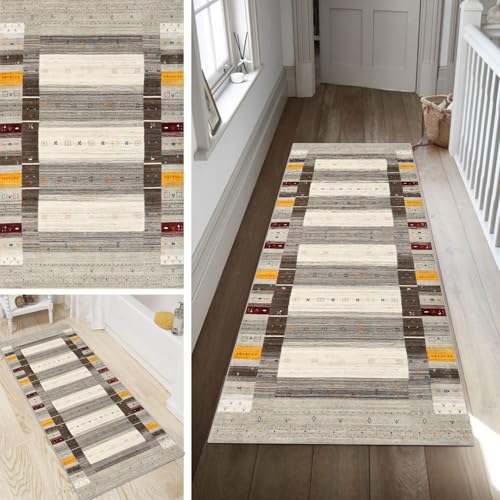 Poaegle Boho Teppich Läufer Flur Bunter Lang rutschfest Kücheläufer Waschbar Teppich Läufer Gestreift 100x200cm Dauerhaft Läuferteppich Flurläufer Korridor Meterware von Poaegle