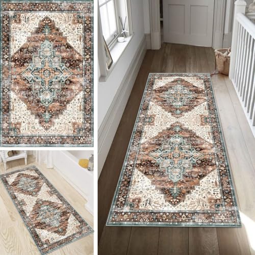 Poaegle Boho Teppich Läufer Flur Bunter Lang rutschfest Kücheläufer Waschbar Teppich Läufer Gestreift 40x450cm Dauerhaft Läuferteppich Flurläufer Korridor Meterware von Poaegle