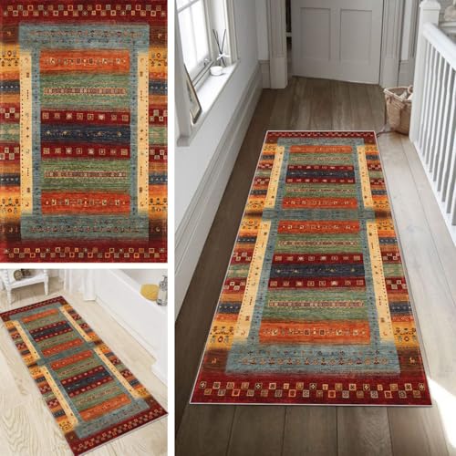 Poaegle Boho Teppich Läufer Flur Bunter Lang rutschfest Kücheläufer Waschbar Teppich Läufer Gestreift 60x450cm Dauerhaft Läuferteppich Flurläufer Korridor Meterware von Poaegle