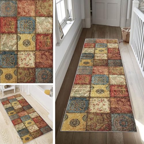 Poaegle Boho Teppich Läufer Flur Lang rutschfest Waschbar Vintage Kücheläufer Teppich Läufer 100x600cm Dauerhaft Läuferteppich Flurläufer Korridor Meterware von Poaegle
