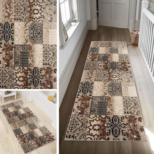 Poaegle Boho Teppich Läufer Flur Lang rutschfest Waschbar Vintage Kücheläufer Teppich Läufer 110x600cm Dauerhaft Läuferteppich Flurläufer Korridor Meterware von Poaegle