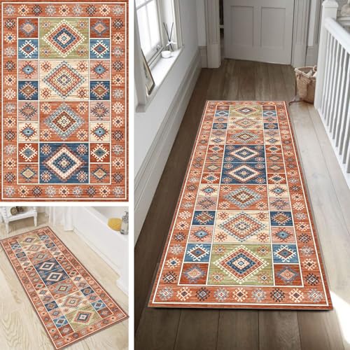 Poaegle Boho Teppich Läufer Flur Vintage Lang rutschfest Kücheläufer Waschbar Teppich Läufer 110x450cm Dauerhaft Läuferteppich Flurläufer Korridor Meterware von Poaegle