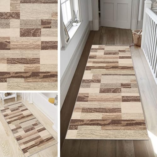 Poaegle Braun Teppich Läufer Flur Abstrakt Lang rutschfest Kücheläufer Waschbar Teppich Läufer Gestreift 40x280cm Dauerhaft Läuferteppich Flurläufer Korridor Meterware von Poaegle