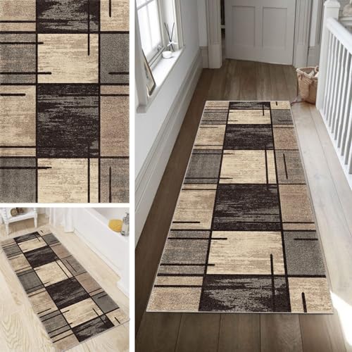 Poaegle Braun Teppich Läufer Flur Abstrakt Lang rutschfest Kücheläufer Waschbar Teppich Läufer Gestreift 80x600cm Dauerhaft Läuferteppich Flurläufer Korridor Meterware von Poaegle