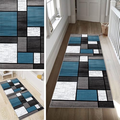 Poaegle Geometrisch Teppich Läufer Flur Blau Grau Lang rutschfest Kücheläufer Waschbar Schlafzimmer Teppich Läufer 80x500cm Dauerhaft Läuferteppich Flurläufer Korridor Fußmatte Meterware von Poaegle