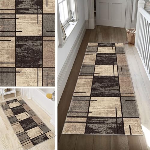 Poaegle Geometrisch Teppich Läufer Flur Braun Lang rutschfest Kücheläufer Waschbar Schlafzimmer Teppich Läufer 40x150cm Dauerhaft Läuferteppich Flurläufer Korridor Fußmatte Meterware von Poaegle