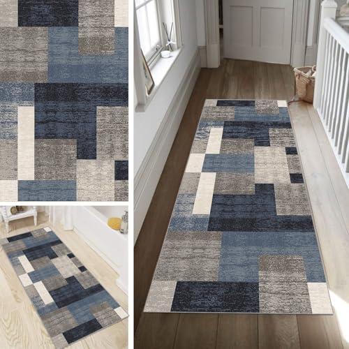 Poaegle Geometrisch Teppich Läufer Flur Grau Blau Lang rutschfest Kücheläufer Waschbar Schlafzimmer Teppich Läufer 80x180cm Dauerhaft Läuferteppich Flurläufer Korridor Fußmatte Meterware von Poaegle