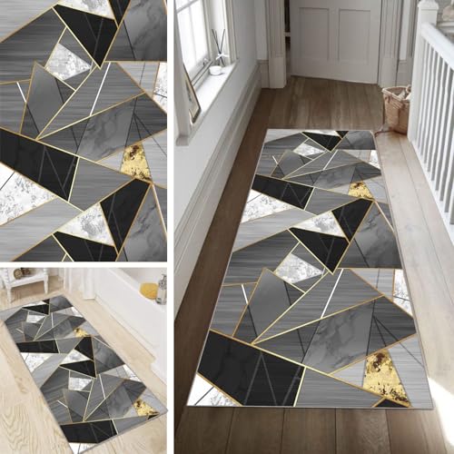 Poaegle Geometrisch Teppich Läufer Flur Grau Lang rutschfest Kücheläufer Waschbar Schlafzimmer Modern Teppich Läufer 80x400cm Dauerhaft Läuferteppich Flurläufer Korridor Fußmatte Meterware von Poaegle