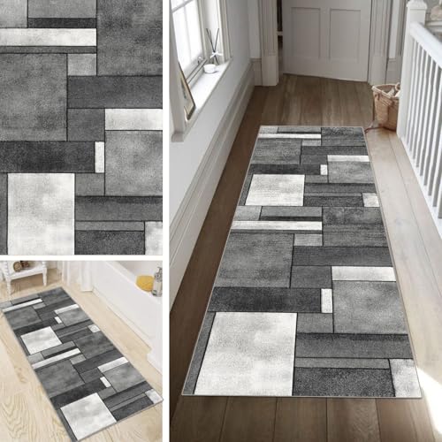 Poaegle Geometrisch Teppich Läufer Flur Grau Lang rutschfest Kücheläufer Waschbar Schlafzimmer Teppich Läufer 90x160cm Dauerhaft Läuferteppich Flurläufer Korridor Fußmatte Meterware von Poaegle