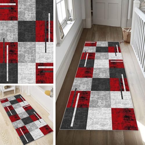 Poaegle Geometrisch Teppich Läufer Flur Grau Rot Lang rutschfest Kücheläufer Waschbar Schlafzimmer Bunt Teppich Läufer 40x120cm Dauerhaft Läuferteppich Flurläufer Korridor Fußmatte Meterware von Poaegle