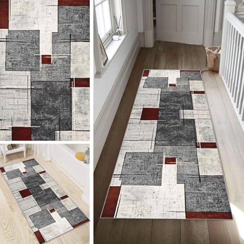 Poaegle Geometrisch Teppich Läufer Flur Grau Rot Lang rutschfest Kücheläufer Waschbar Schlafzimmer Teppich Läufer 80x150cm Dauerhaft Läuferteppich Flurläufer Korridor Fußmatte Meterware von Poaegle