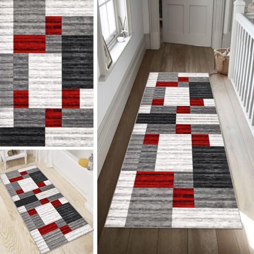 Poaegle Geometrisch Teppich Läufer Flur Grau Rot Lang rutschfest Kücheläufer Waschbar Schlafzimmer Teppich Läufer 80x400cm Dauerhaft Läuferteppich Flurläufer Korridor Fußmatte Meterware von Poaegle