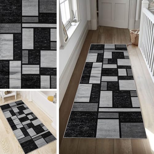 Poaegle Geometrisch Teppich Läufer Flur Grau Schwarz Lang rutschfest Kücheläufer Waschbar Schlafzimmer Teppich Läufer 40x120cm Dauerhaft Läuferteppich Flurläufer Korridor Fußmatte Meterware von Poaegle