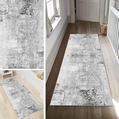 Poaegle Grau Teppich Läufer Flur Abstrakt Lang rutschfest Kücheläufer Waschbar Teppich Läufer Gestreift 100x180cm Dauerhaft Läuferteppich Flurläufer Korridor Meterware von Poaegle