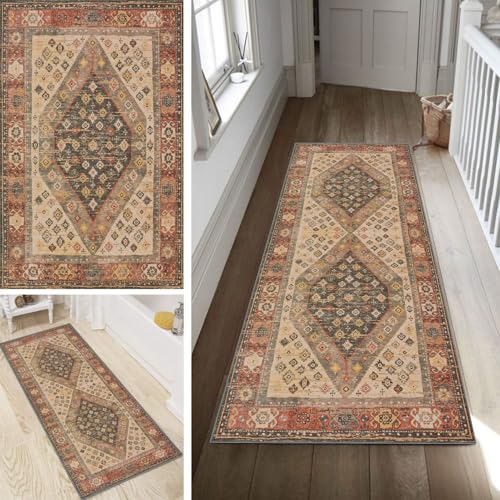 Poaegle Teppich Läufer Flur Boho Vintage Lang rutschfest Kücheläufer Waschbar Abstrakt Teppich Läufer 40x200cm Dauerhaft Läuferteppich Flurläufer Korridor Meterware von Poaegle