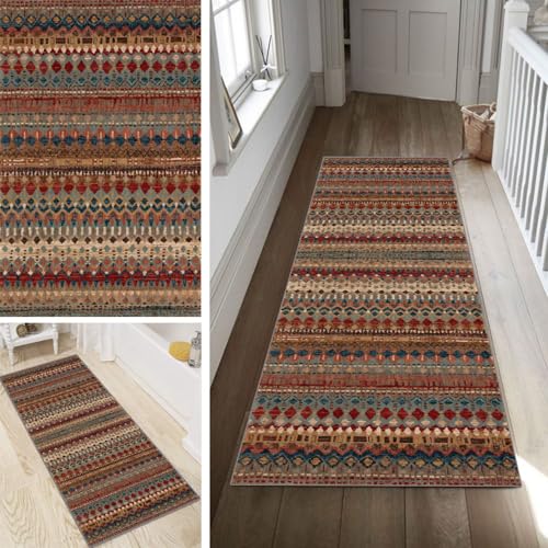 Poaegle Teppich Läufer Flur Boho Vintage Lang rutschfest Kücheläufer Waschbar Abstrakt Teppich Läufer 80x300cm Dauerhaft Läuferteppich Flurläufer Korridor Meterware von Poaegle